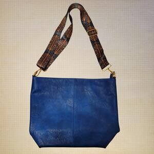 Blue Faux Leather Crossbody Shoulder Bag Boho Adjustable Patterned Strap